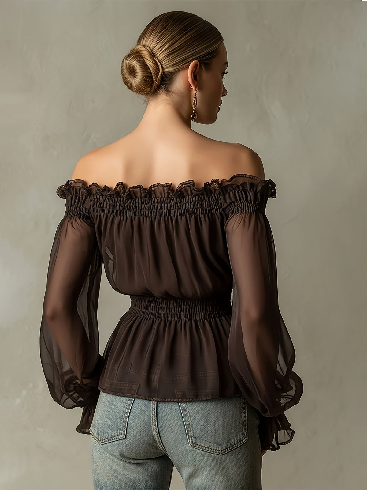 Fashionable Retro Ruffle Brown Off-Shoulder Women'S Chiffon Shirt Suitable for Spring, Summer And Autumn - Dark Brown