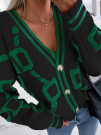 Western And American Autumn Winter New Plush Patchwork Contrast Color Sweater Cardigan Coat - Black