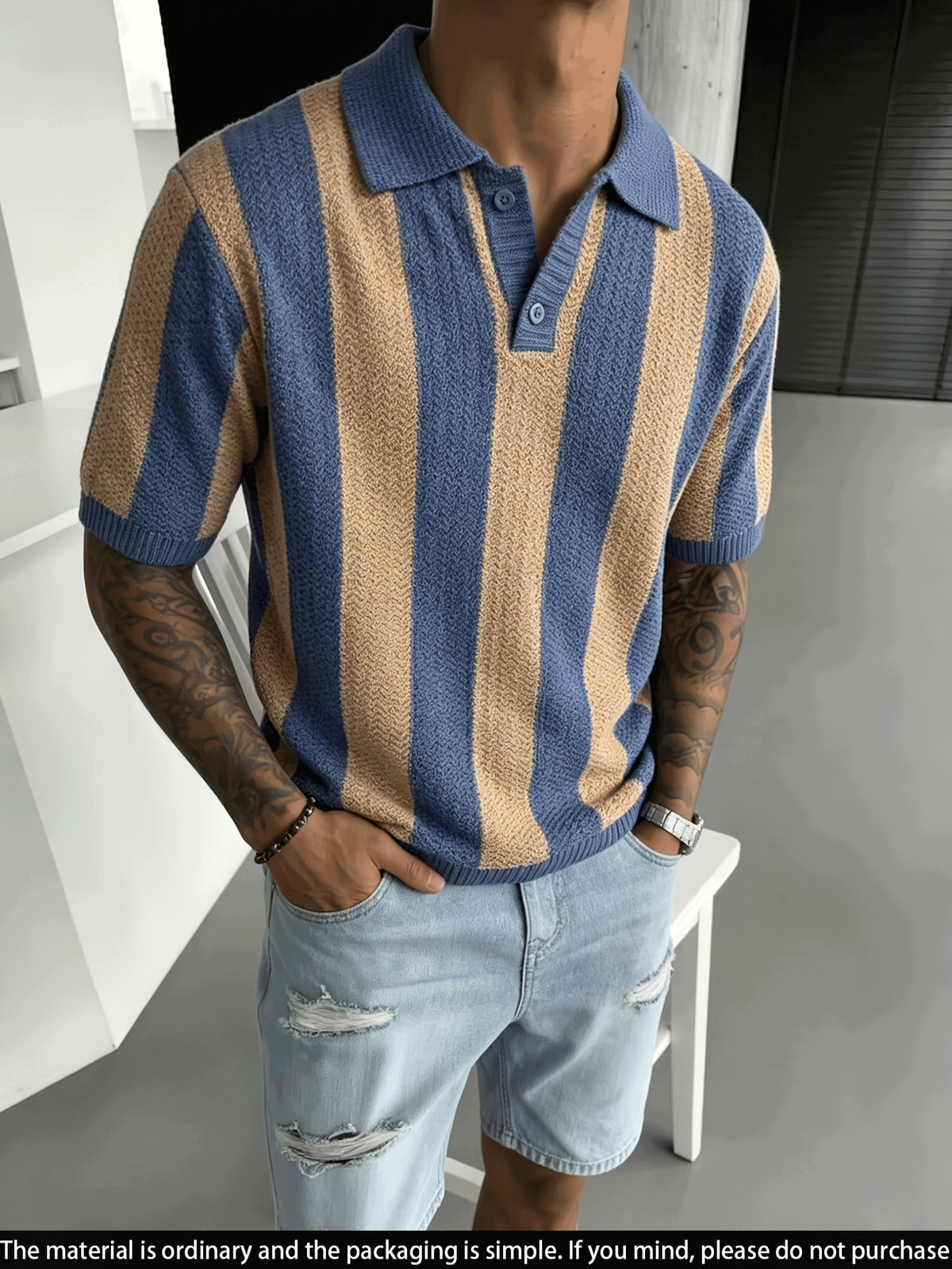 Men'S Knit Short Sleeve Color-Block Pinstripe Polo Collar Casual Loose Business Commute Knit Pullover Top - Royal Blue