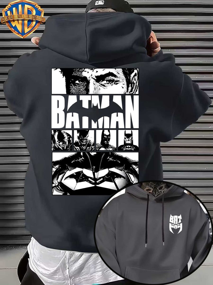 Casual Sporty Loose Hooded Sweatshirt, Retro Batman Comic Patchwork Cartoon Print, Men'S Casual All-Match Adjustable Drawstring Hoodie Comfortable Casual Autumn Winter Wear, for Sports, Outdoors, Picnics, Travel, Daily Home Wear - Dark Gray