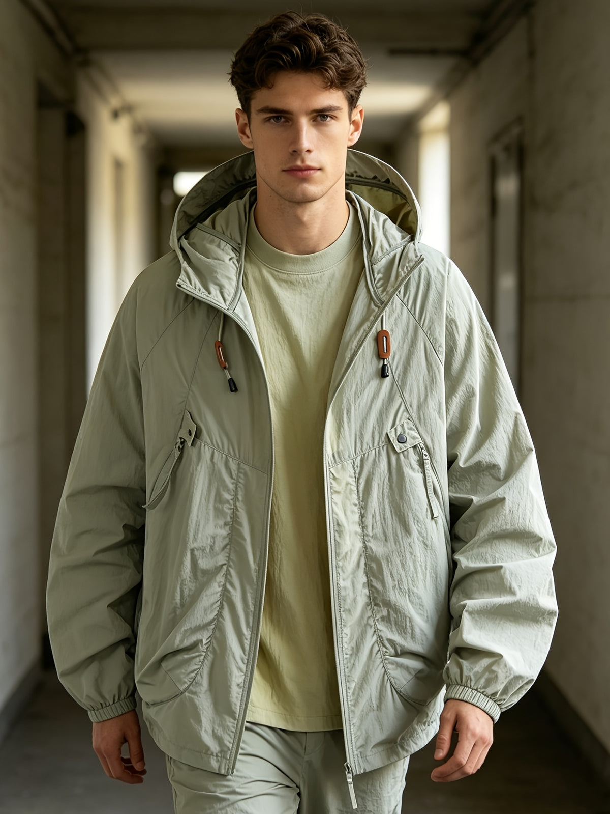 Men'S Spring Autumn Hooded Solid Pocket Jacket Sunscreen Top, Suitable for Outdoor Running Sports Commuting - 2390-Cinnamon Green