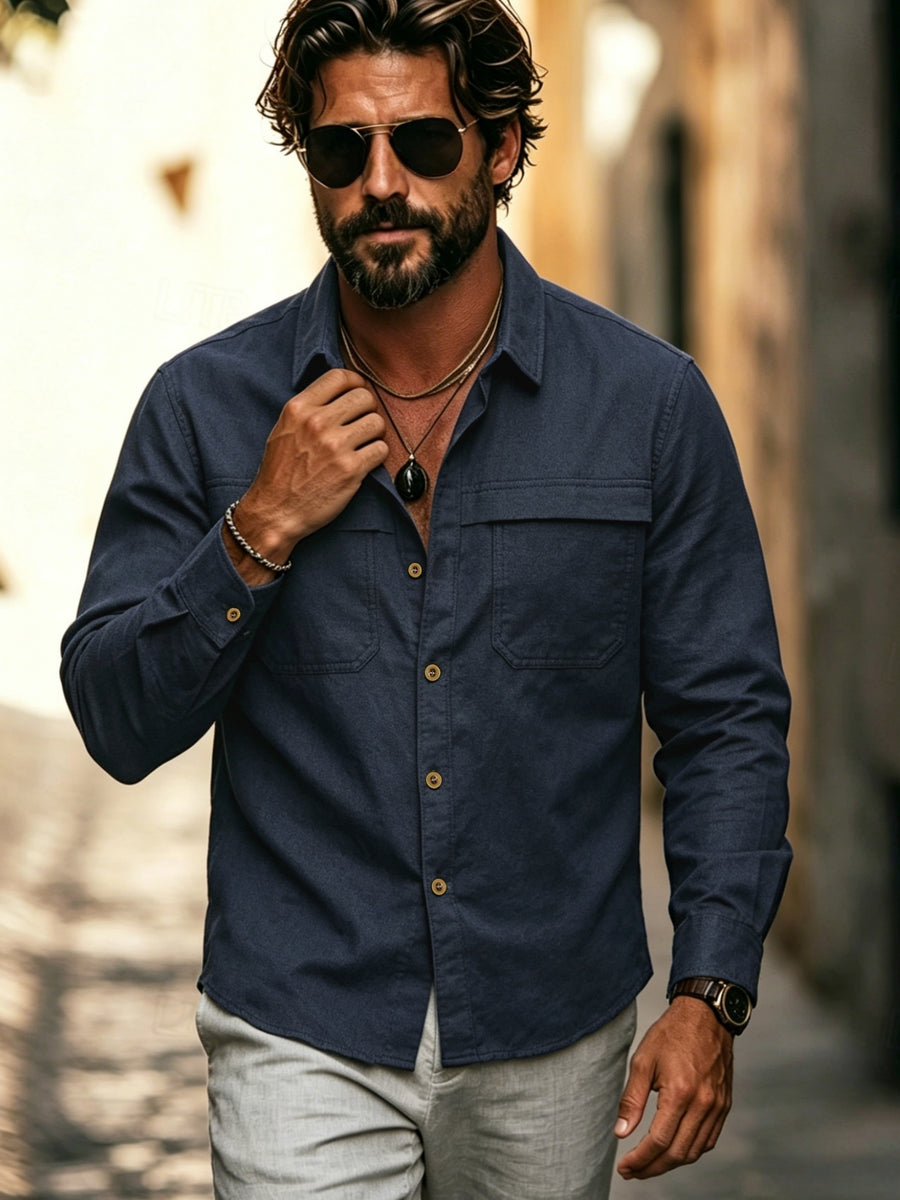 Men'S Precision Business Casual Long Sleeve Shirt, Workwear Style Top, Thick Oxford Fabric, Breathable And Durable, Mature Business Men'S Outdoor Casual, Daily Workwear, Old Money Style Shirt Top - Navy Color