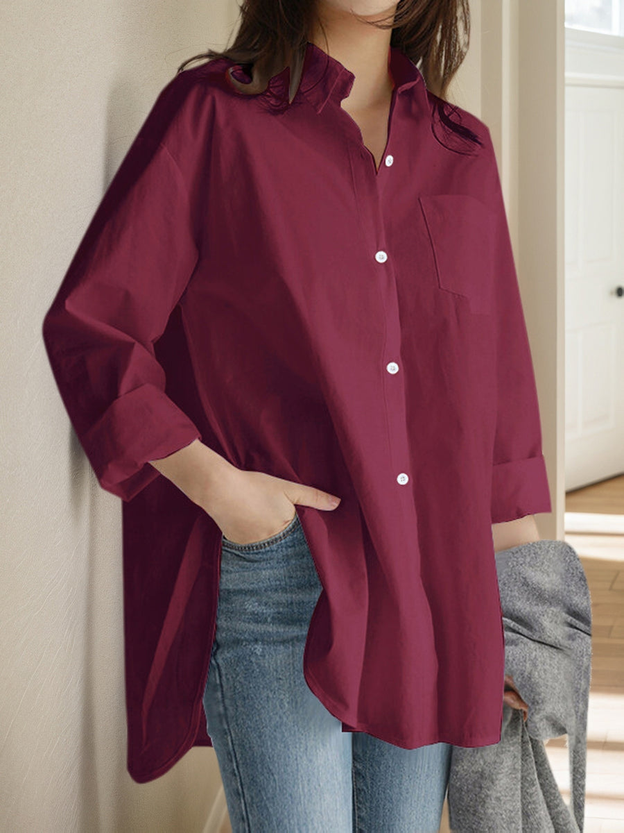 Women'S Loose Elegant Spring Autumn Long Sleeve Office Shirt Solid Color Casual Versatile Easy Top Work Blouse - Burgundy