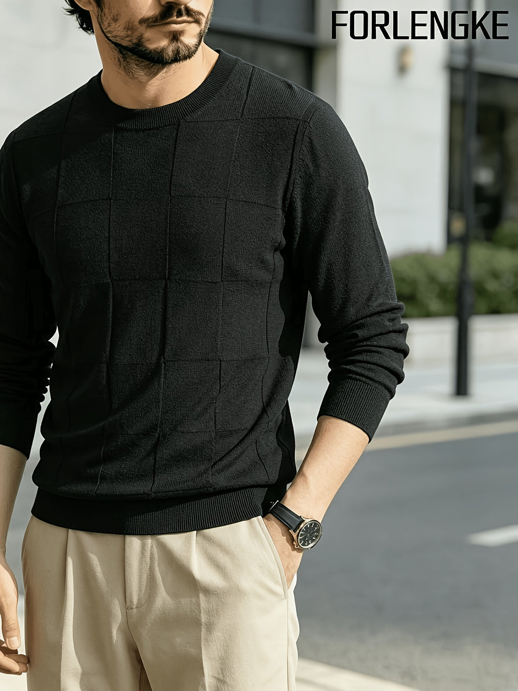 FORLENGKE Stylish Elegant Men'S Business Casual Grid Textured Crew Neck Knit Sweater, Soft Warm Long Sleeve Pullover for Fall Winter Office Daily Wear - Black