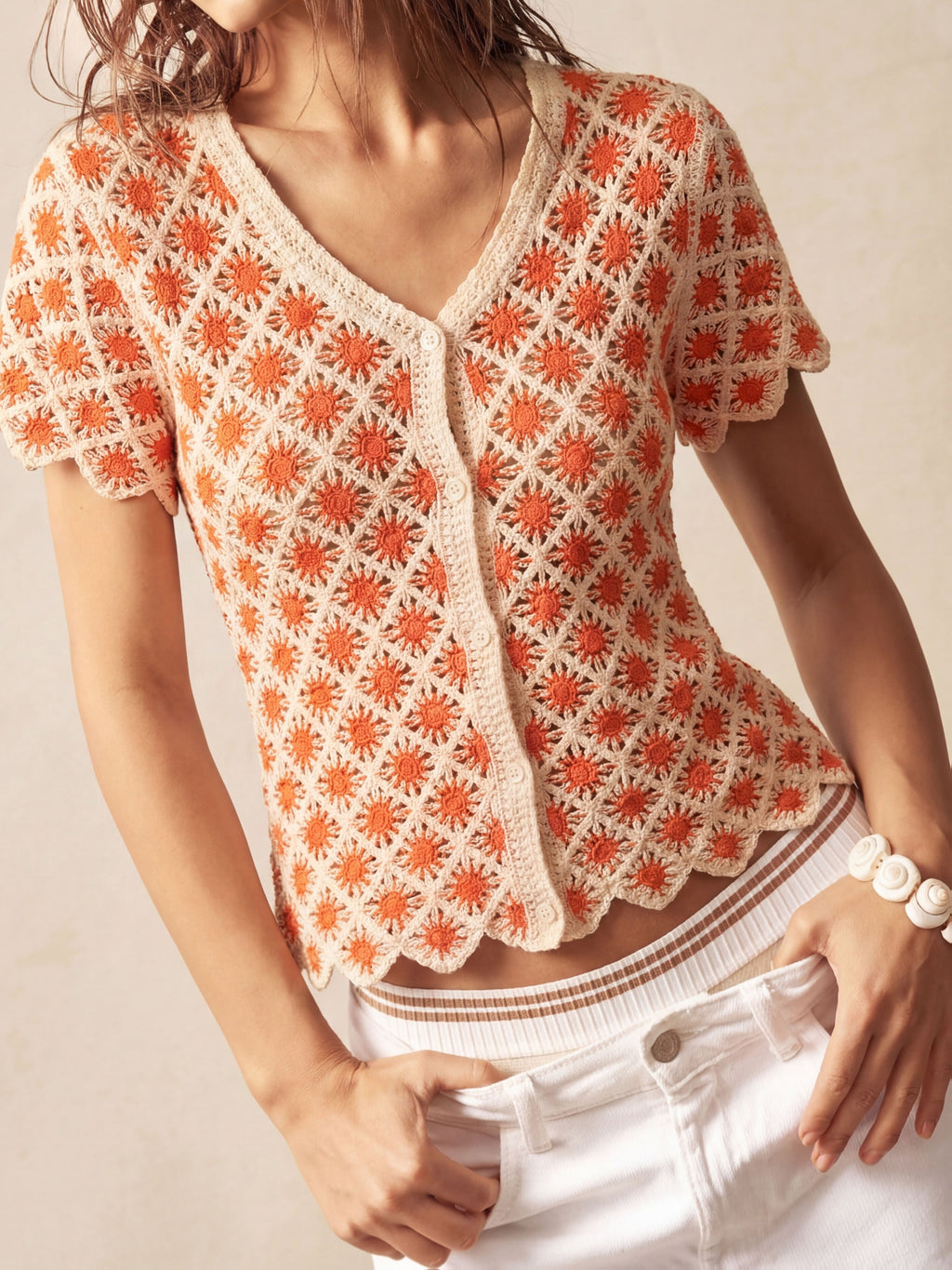 Women's Summer Casual Elegant Hollow-Out Top, V-Neck Ruffle Short Sleeve Button Waist Elastic Sweet Minimalist Fashion T-Shirt, Suitable for Travel, Vacation, Commute, Beach, Date, And Daily Wear - Orange