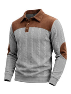 New Men's Autumn/Winter Brushed Ribbed Cable Knit Casual Color-Block Jacquard Long Sleeve Patchwork Plush Sport Henley High-Neck Top - Grey