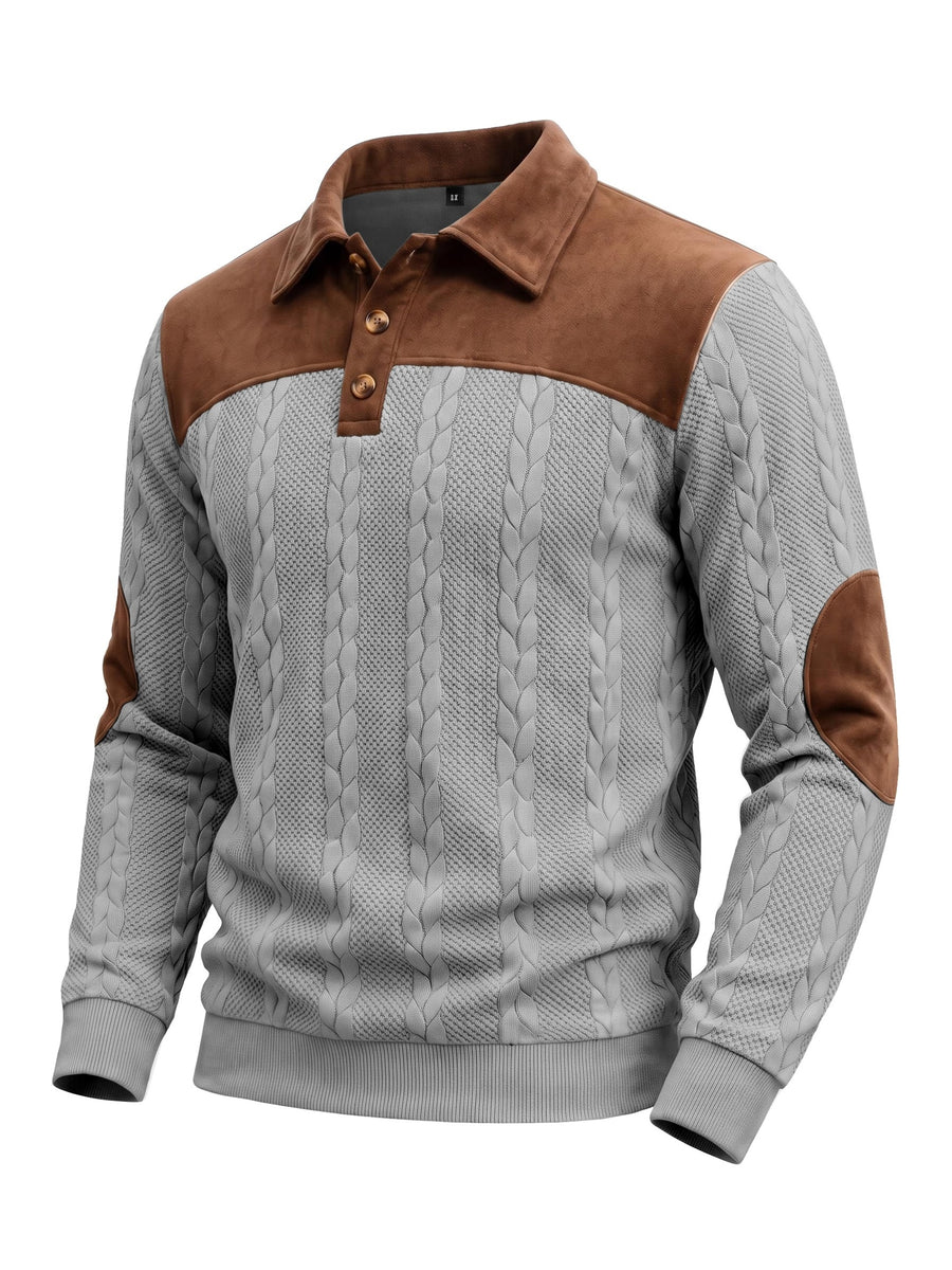 New Men's Autumn/Winter Brushed Ribbed Cable Knit Casual Color-Block Jacquard Long Sleeve Patchwork Plush Sport Henley High-Neck Top - Grey
