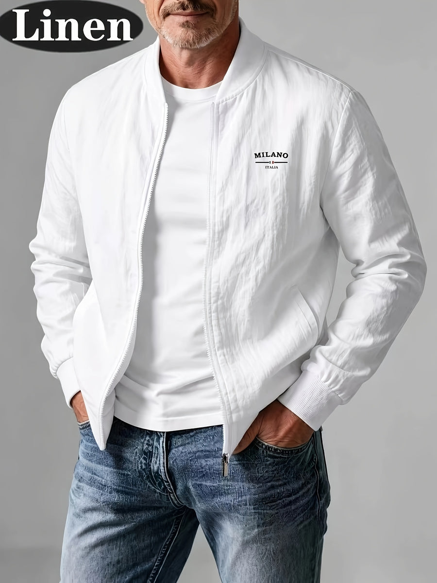 Spring Summer Linen Washed Pleated Baseball Collar Jacket Men'S MILANO Letter Print Thin Breathable Coat Middle-Aged Dad Loose Zipper Cardigan Multi-Color Versatile Commute Casual Outerwear Baseball Uniform Top, Transitional Bomber Jacket - White