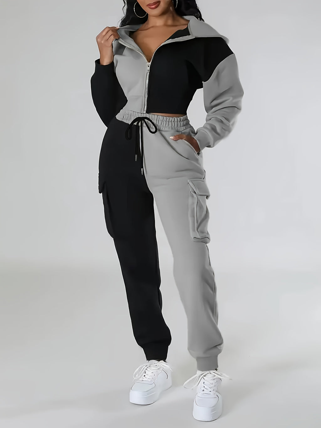 Fashion Women'S Clothing, Color-Block Hooded Casual Set - Black And Grey