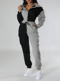 Fashion Women'S Clothing, Color-Block Hooded Casual Set - Black And Grey