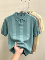 Men 3pcs Vertical Textured Knit Polo Shirts, Slim Fit Notch Collar Short Sleeve Knitwear, Lightweight Comfort Shirts for Office Vacation Daily Wear - Yellow-Light Brown-Gray Green