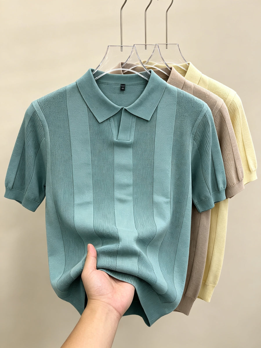 Men 3pcs Vertical Textured Knit Polo Shirts, Slim Fit Notch Collar Short Sleeve Knitwear, Lightweight Comfort Shirts for Office Vacation Daily Wear - Yellow-Light Brown-Gray Green