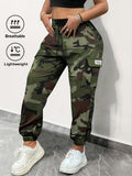 Women'S Camouflage Cargo Pants with Large Pockets, Featuring an Elastic Waistband with Drawstring And Tapered Cuffs, Suitable for Everyday Outdoor Leisure - Army Green Camouflage