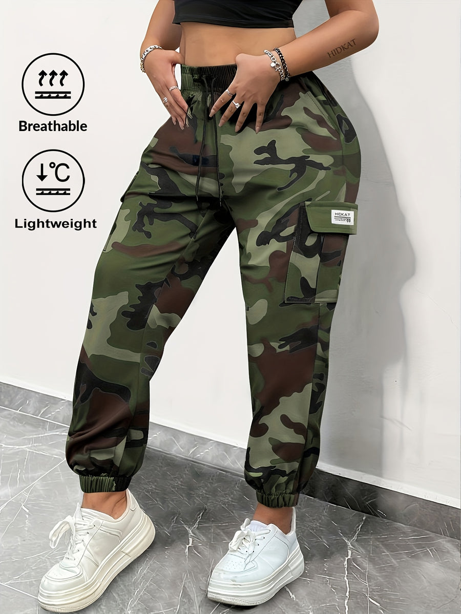 Women'S Camouflage Cargo Pants with Large Pockets, Featuring an Elastic Waistband with Drawstring And Tapered Cuffs, Suitable for Everyday Outdoor Leisure - Army Green Camouflage