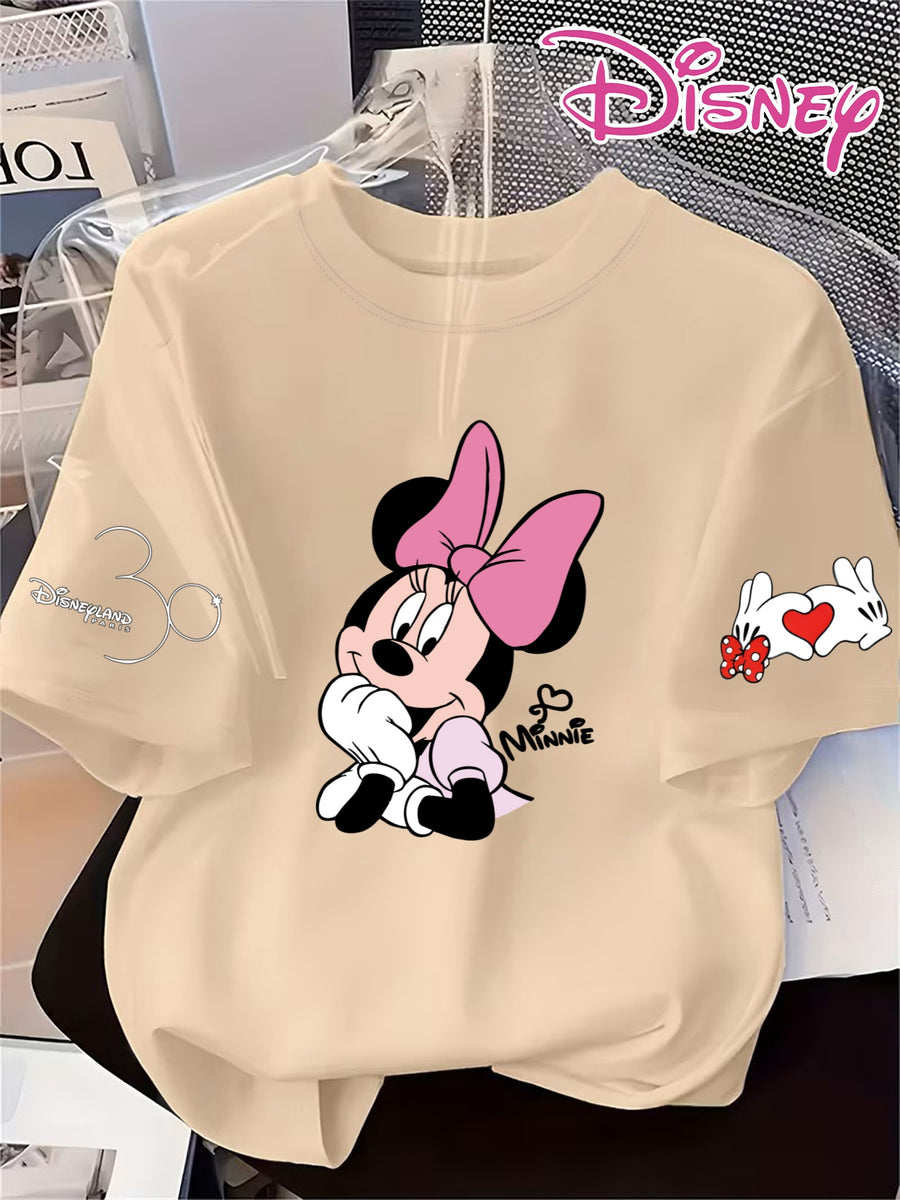 Disney Minnie Cute Short-Sleeve Women'S T-Shirt with a Heart Print, Comfortable Round-Neck Sweatshirt for Spring And Summer - Apricot