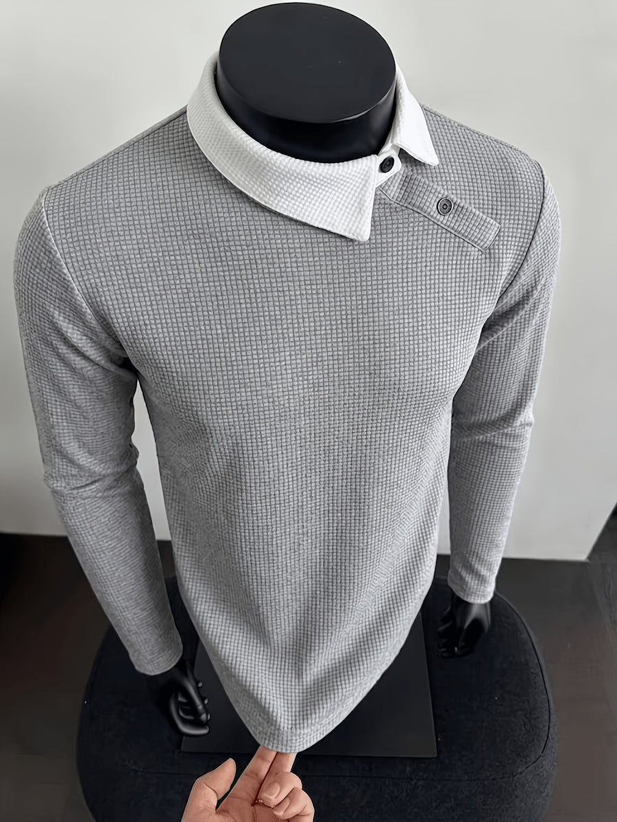 Men's Side-Button Collar Irregular Lapel Knit Long-Sleeve T-Shirt, Contrast-Color Lapel, Slim Fit, High-End Light Business Casual Top - Grey