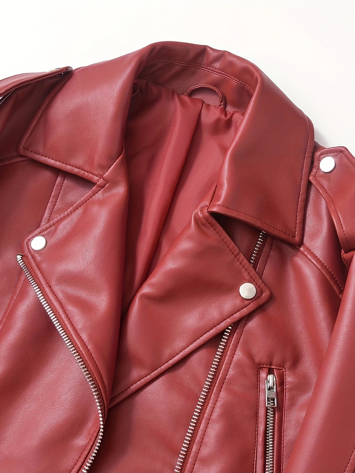 2025 Short Faux Leather Jacket Spring Autumn American Retro Temperament Biker Jacket Top Women'S Clothing - Brick Red
