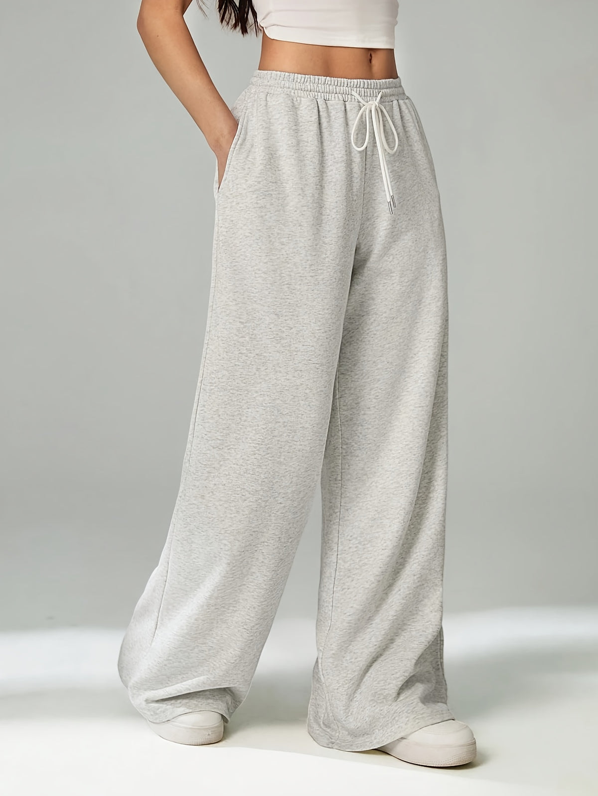 Women'S Autumn Winter High Waist Elastic Waist Loose Wide Leg Pants - Granny Gray