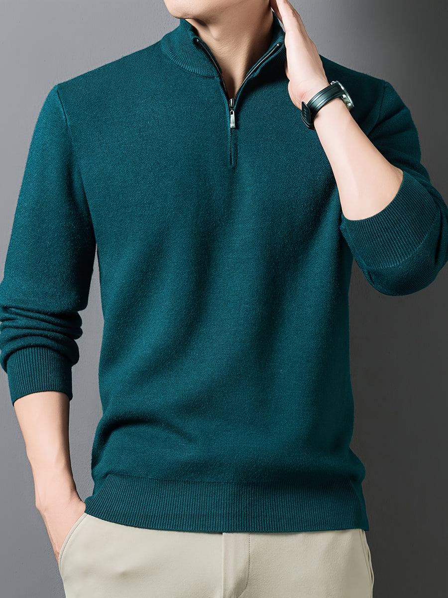 1pc Men'S Solid Color Small Stand Collar Knit Pullover Autumn Winter Zipper Casual Fleece Warm Top - Dark Green