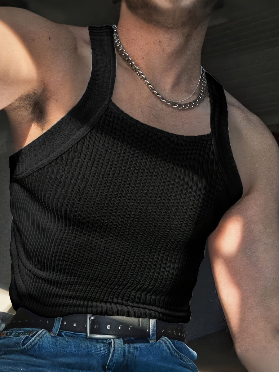 ROYALBOY Men's Slim Fit Tank Top with Thick Shoulder Straps - Sleeveless Athletic Shirt Suitable for Gym, Parties, Commuting, Solid Color Non- Back Strap Design, Machine Washable Spring/Autumn Wear for Daily Wear & Gatherings - Black