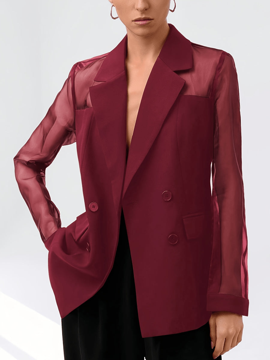 Fashionable Women's Elegant Blazer, Stylish High-End Mesh Patchwork Double-Breasted New Casual Suit Jacket - Burgundy
