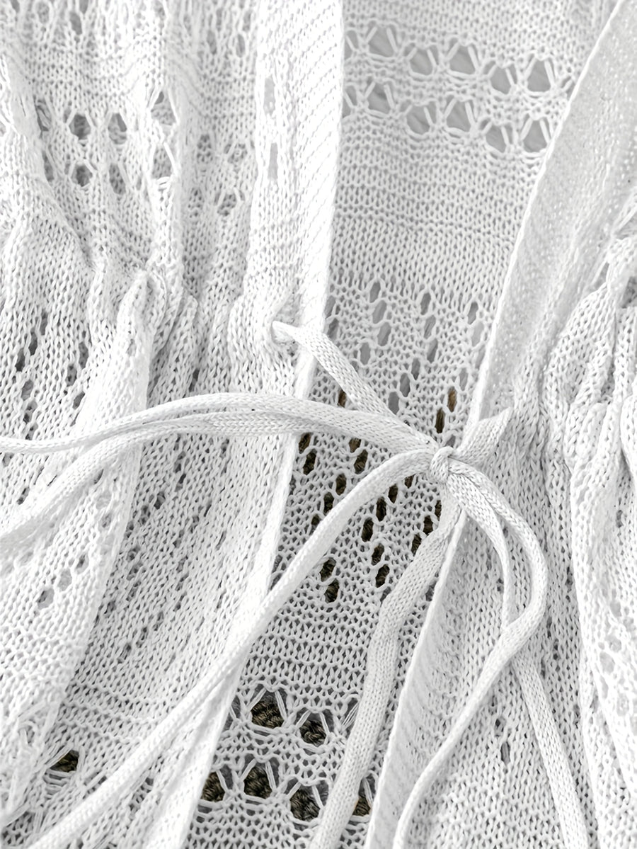 Women's Solid Color Beach Vacation Romantic Crochet Mesh Drawstring Tie Bow Cardigan Western Clothing - High-End - White