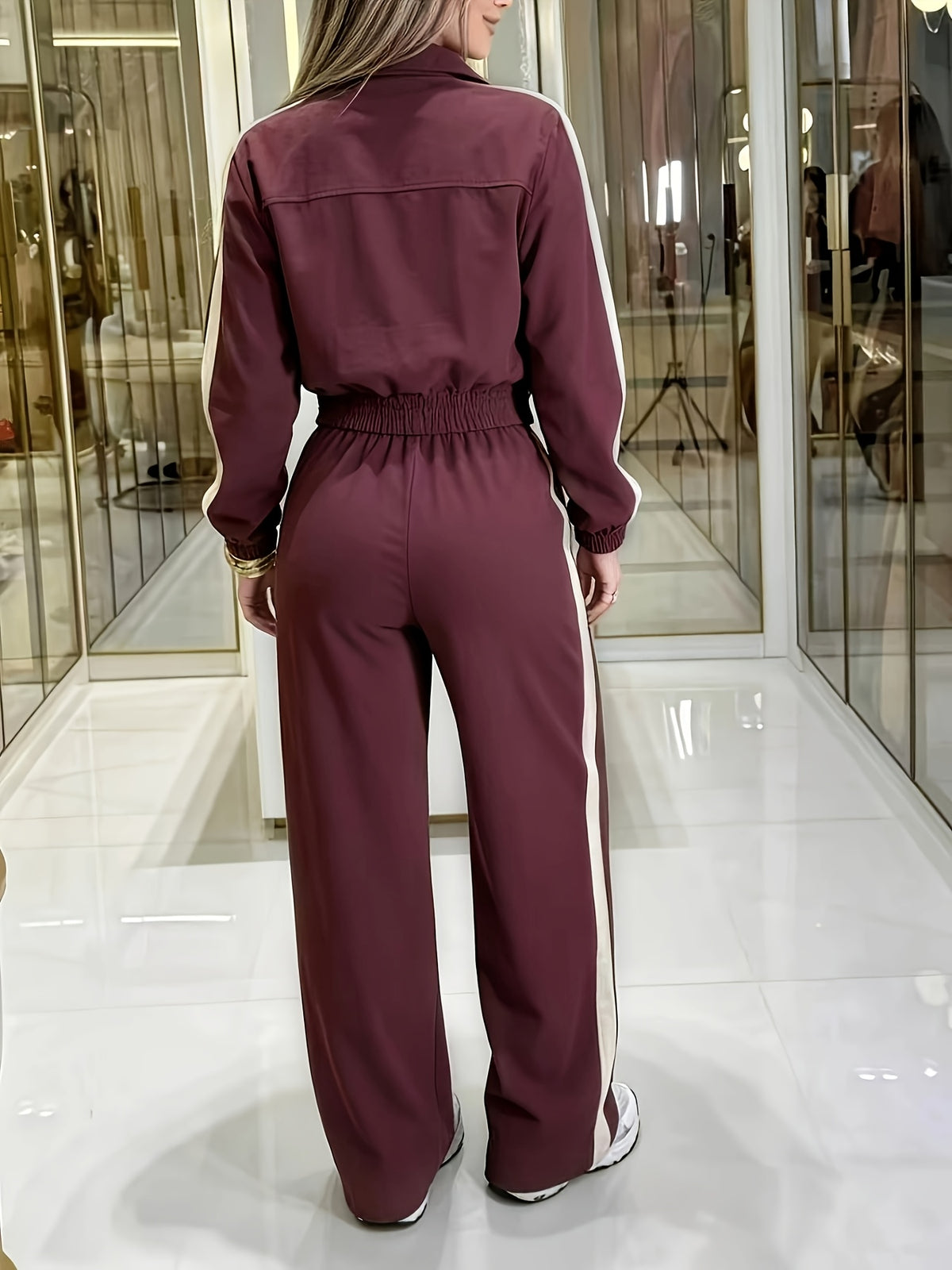 Spring and Autumn Women's Casual Set: Short Workwear Long-Sleeve Jacket and Straight-Leg Casual Trousers - Burgundy