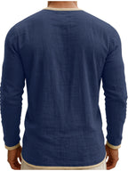 Men'S Retro Color Block Casual Henley Crewneck T-Shirt in Linen, Vintage T-Shirt for Men - Navy Color