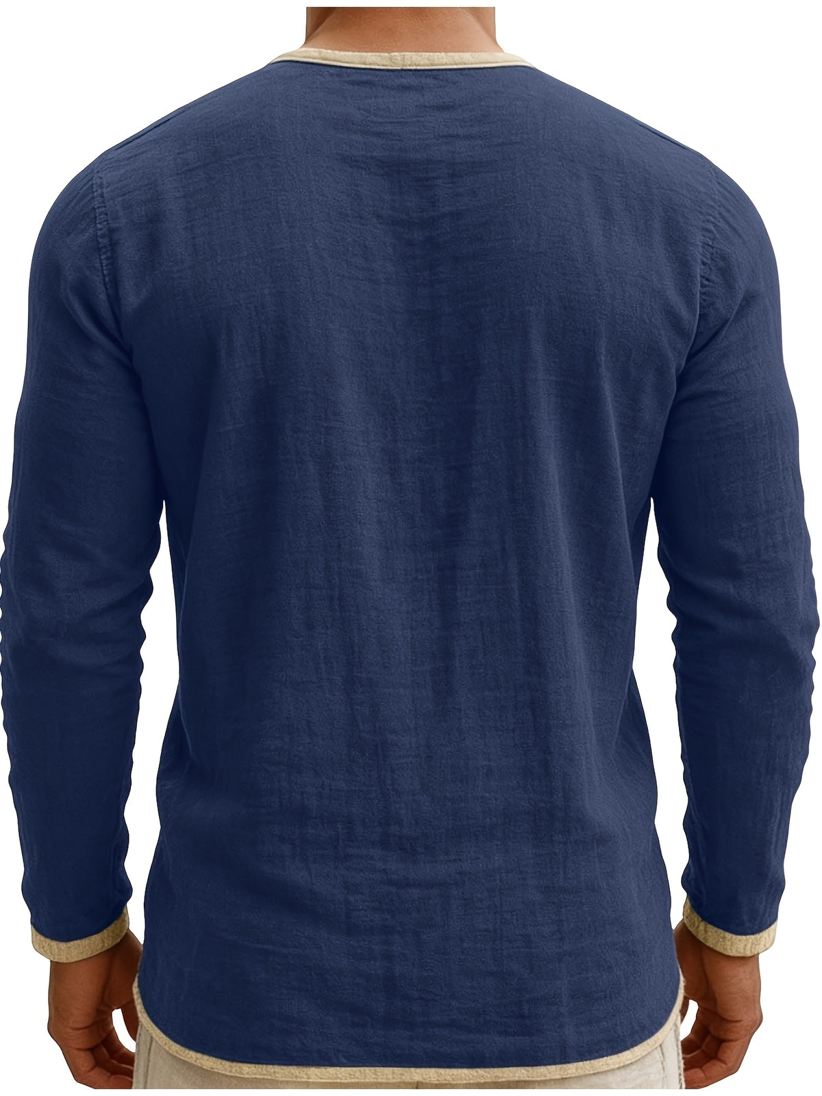 Men'S Retro Color Block Casual Henley Crewneck T-Shirt in Linen, Vintage T-Shirt for Men - Navy Color