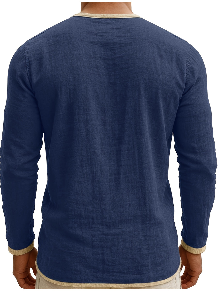 Men'S Retro Color Block Casual Henley Crewneck T-Shirt in Linen, Vintage T-Shirt for Men - Navy Color