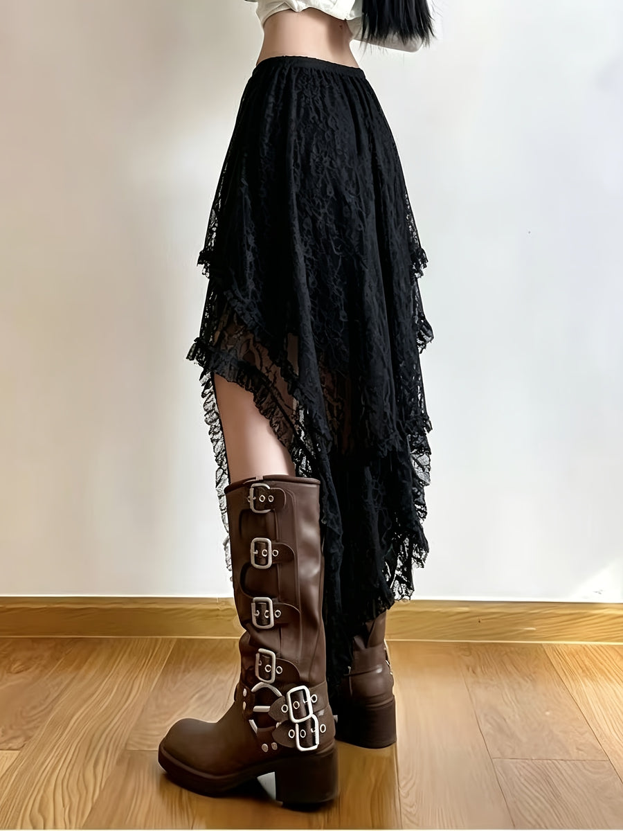 1307 Versatile Layered Irregular Lace Skirt, Bohemian Vacation Style Half Skirt - Black
