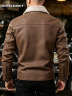 Men's Plush Lapel -Lined PU Motorcycle Jacket with Thickened Warm Lining, Vintage Texture Fabric, Multiple Zipper Pockets, Slim Fit Short Style, Autumn/Winter Riding Commuting American Casual Wear, Wear-Resistant and Windproof Lapel Outerwear Winter - Dark Brown