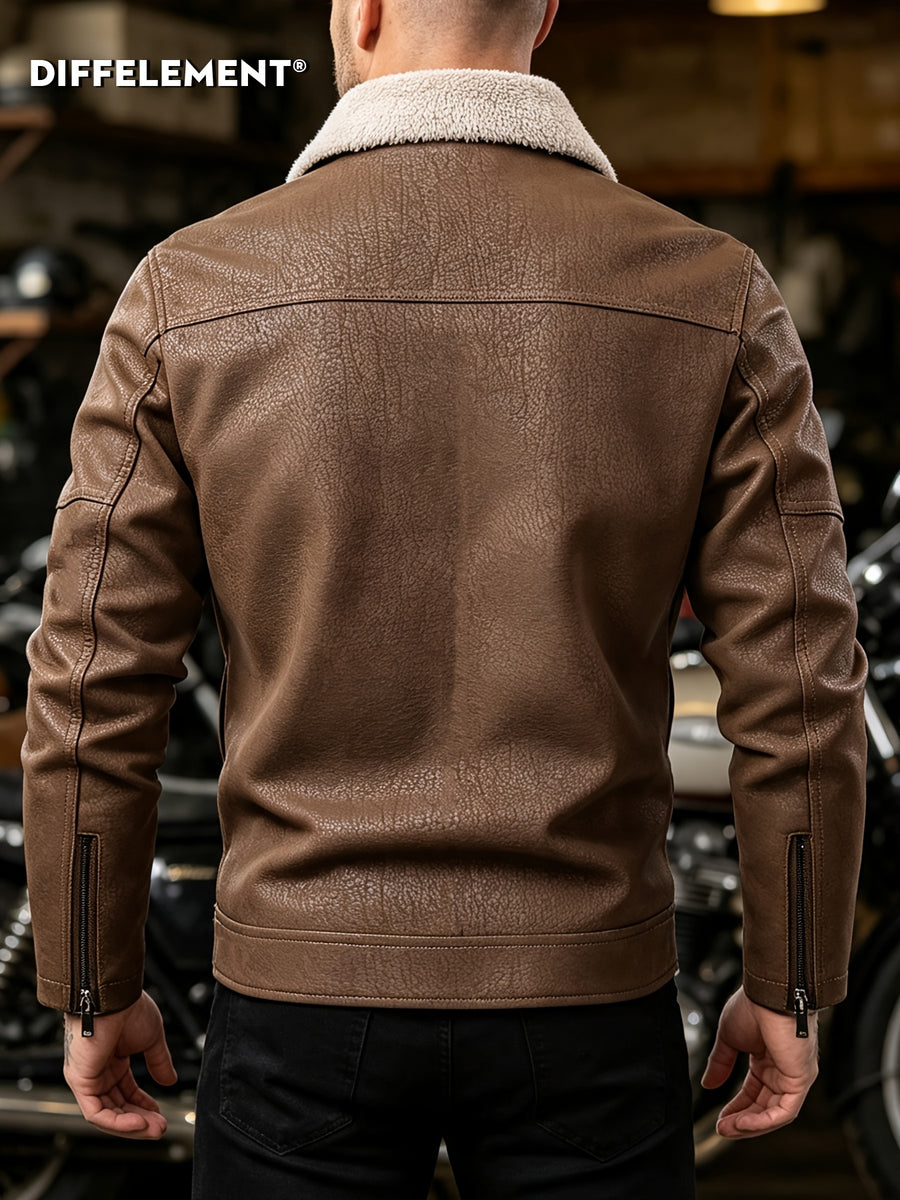 Men's Plush Lapel -Lined PU Motorcycle Jacket with Thickened Warm Lining, Vintage Texture Fabric, Multiple Zipper Pockets, Slim Fit Short Style, Autumn/Winter Riding Commuting American Casual Wear, Wear-Resistant and Windproof Lapel Outerwear Winter - Dark Brown