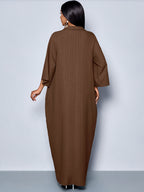 Spring Summer Women'S Fashion Elegant V-Neck Loose Batwing Sleeve Beltless One-Piece Dress - Khaki
