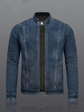 Men's Lightweight Denim Jacket Motorcycle Jacket Full Cut Zipper Front - Navy Color