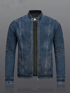 Men's Lightweight Denim Jacket Motorcycle Jacket Full Cut Zipper Front - Navy Color