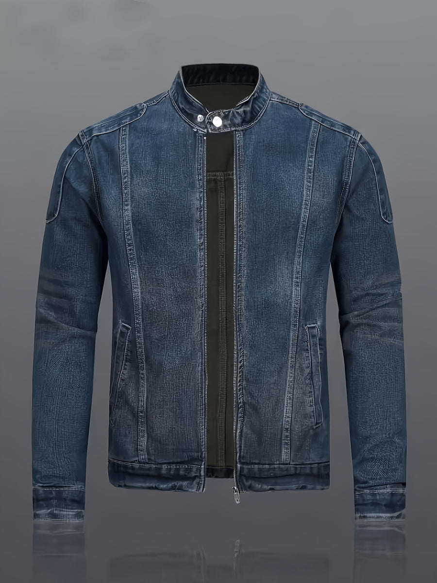 Men's Lightweight Denim Jacket Motorcycle Jacket Full Cut Zipper Front - Navy Color