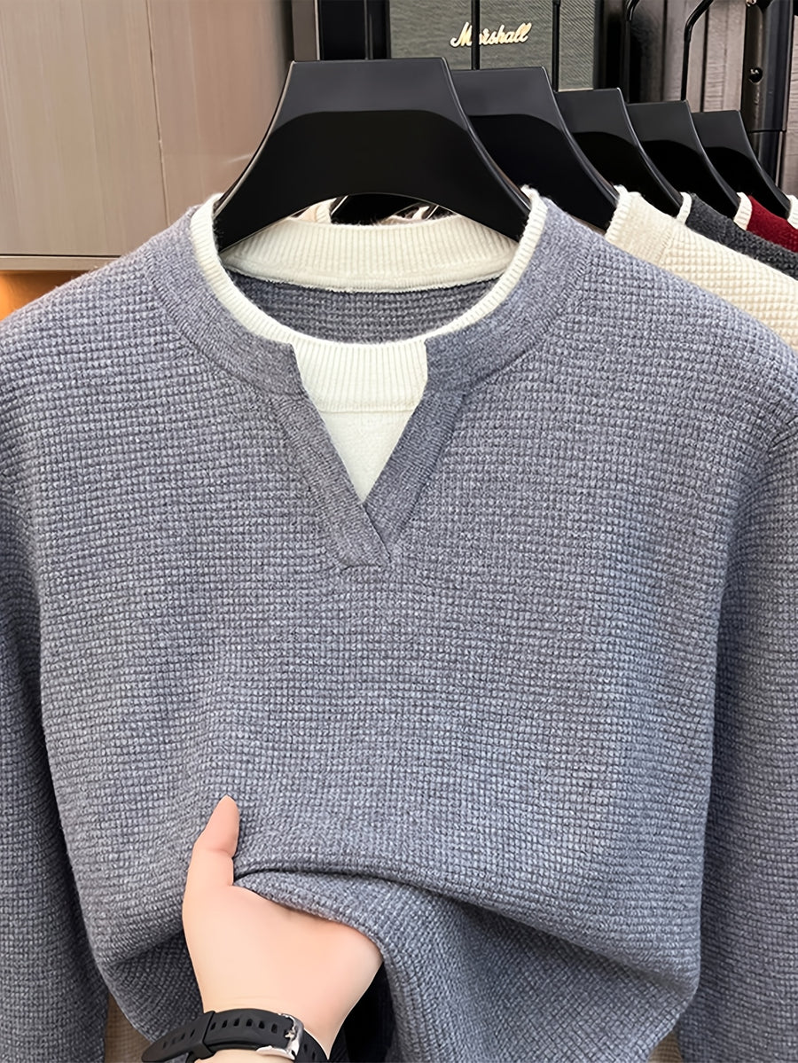 Men'S Waffle Fake Two-Piece V-Neck Knit Long Sleeve Top, Burgundy And White Contrast, Focus on Atmospheric Autumn Casual Wear - SINBOS - 【Light Grey】