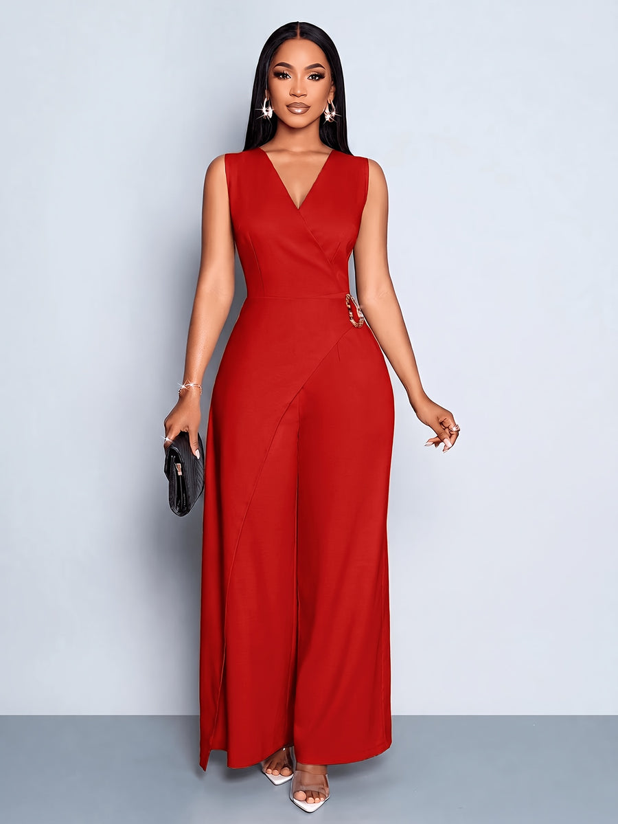 Women's Casual and Elegant Sleeveless Jumpsuit, Business Casual Wear, Simple Style Office Attire for Women - Red