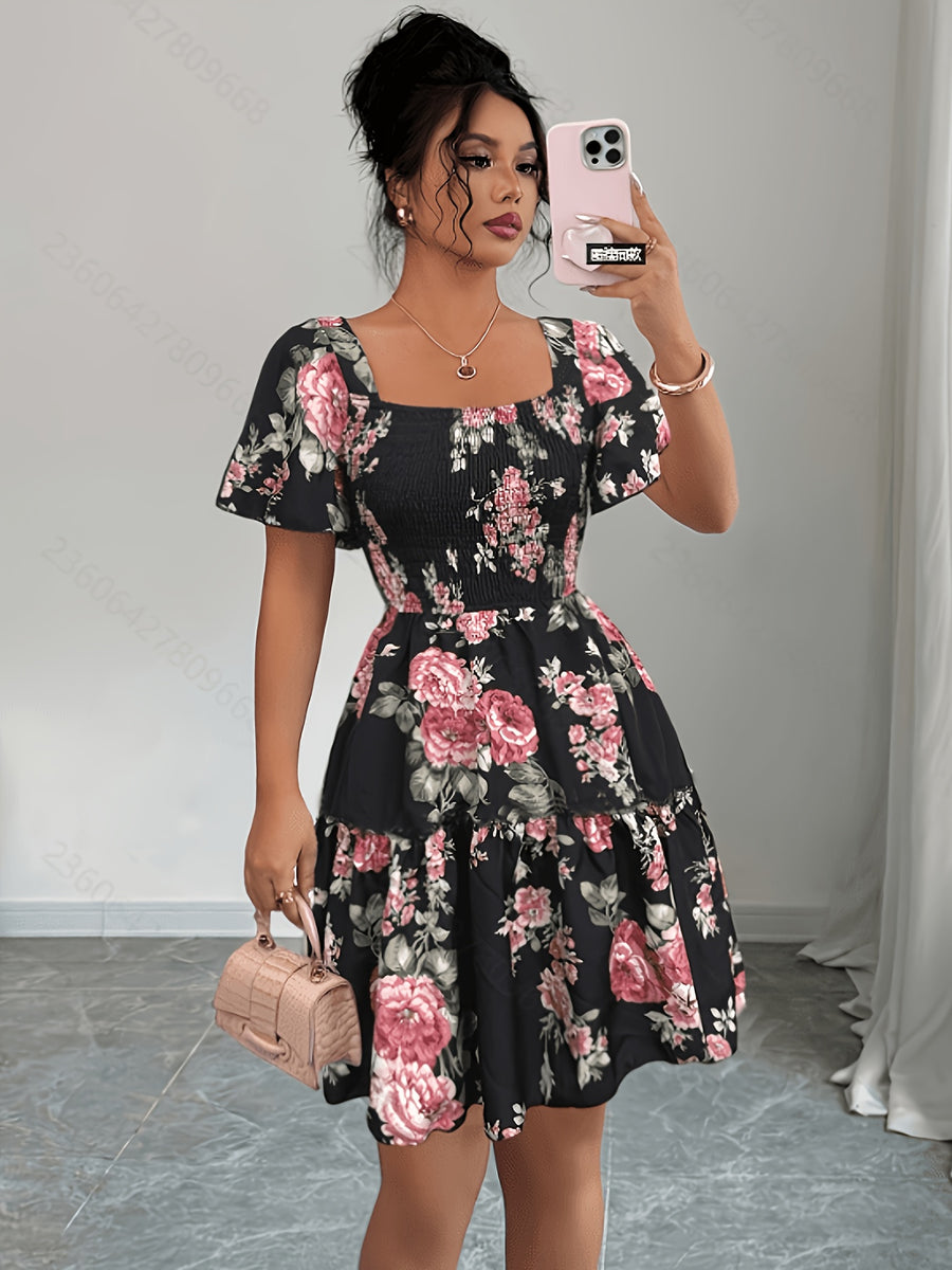 Summer Vacation Floral Print Short Dress with Waist Cinching - Black