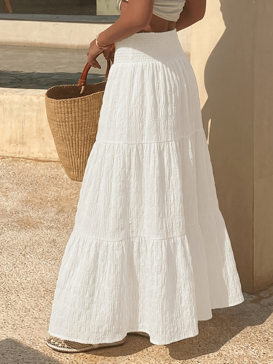 Women'S Solid Texture Fabric High-Waist Long Skirt, Suitable for Beach/Vacation, Spring Summer Bohemian Style Long Dress - White