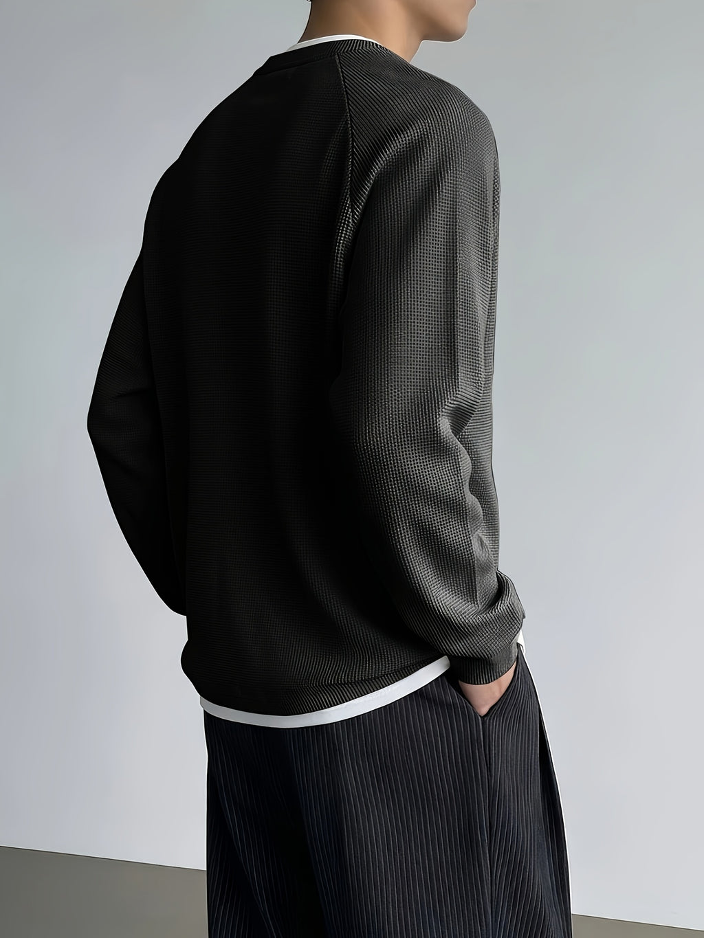 Men's Minimalist Korean Henley Collar Long Sleeve Top Waffle Knit Breathable Raglan Sleeve Casual Sweatshirt for Spring Autumn Daily Commute Layering Wear - Black