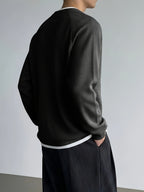 Men's Minimalist Korean Henley Collar Long Sleeve Top Waffle Knit Breathable Raglan Sleeve Casual Sweatshirt for Spring Autumn Daily Commute Layering Wear - Black