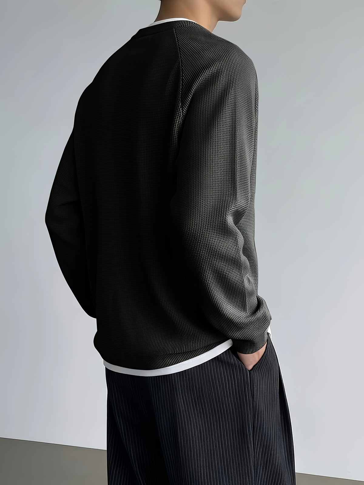 Men's Minimalist Korean Henley Collar Long Sleeve Top Waffle Knit Breathable Raglan Sleeve Casual Sweatshirt for Spring Autumn Daily Commute Layering Wear - Black