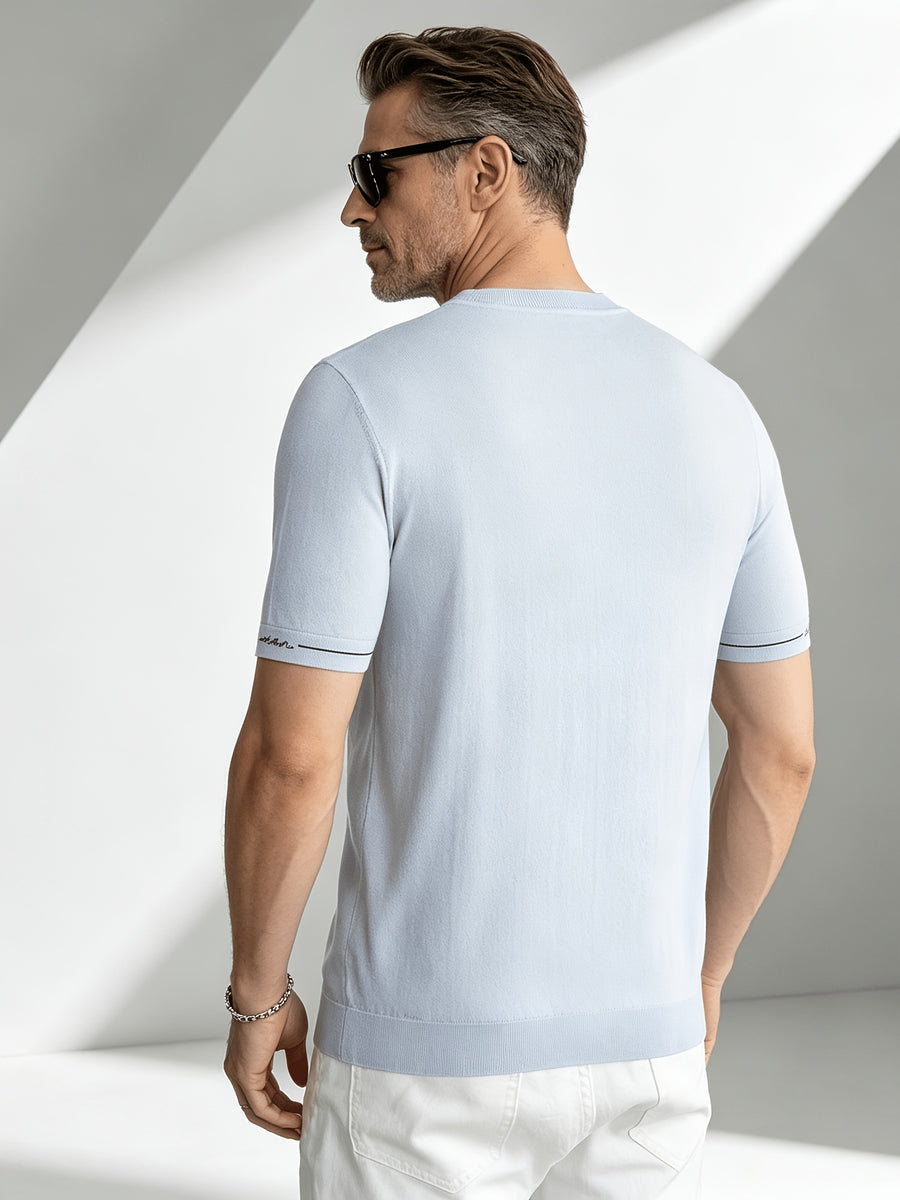 Business-casual Men's Crew Neck Short-sleeve Knit T-shirt, Slim-fit Lightweight and Breathable Knit Top, with Contrast-color Stitching and Letter Embroidery on the Cuffs, Suitable for Daily Wear, Office, and Weekend Outings in Summer - Sky Blue