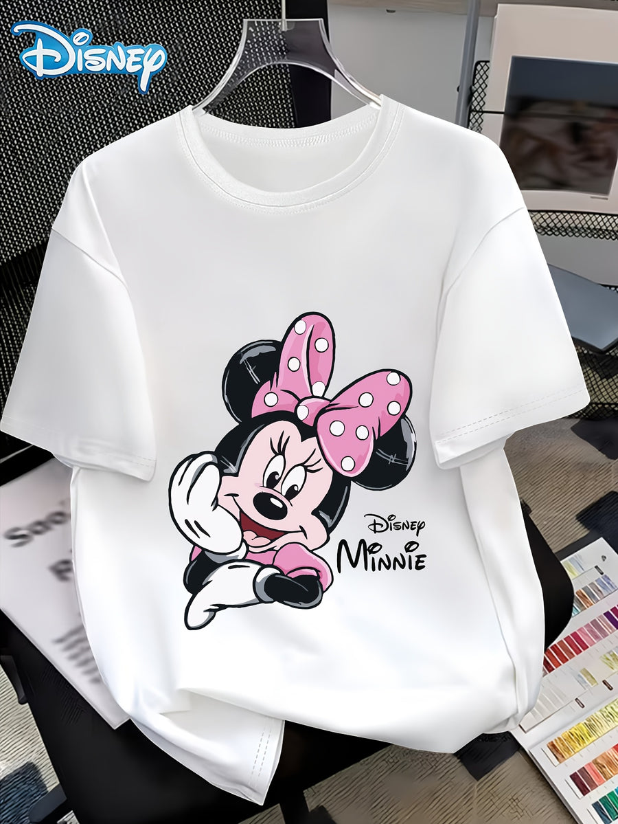 Disney Minnie with a Smile on Her Cheek Printed Fashion Women'S Round Neck Casual T-Shirt, Comfortable Fabric Short Sleeved, Round Neck Women'S T-Shirt, Worn in Spring And Summer - White