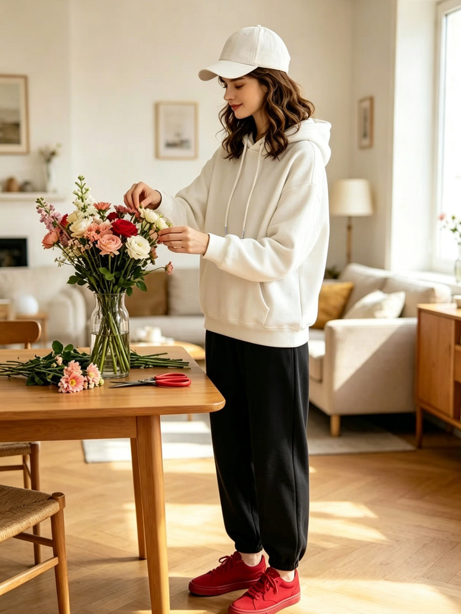 Lazy Style Loose Sweatshirt and Sweatpants Set, Long Sleeve Hooded Top and Jogger Pants, Daily Running Sportswear - White sweatshirt + black sweatpants