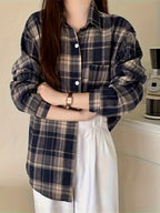 Women's plaid shirt spring and autumn jacket loose lazy style new Korean version versatile casual top spring and autumn thin version petite American retro Hong Kong style vacation commuting essential - Gray Blue Grid