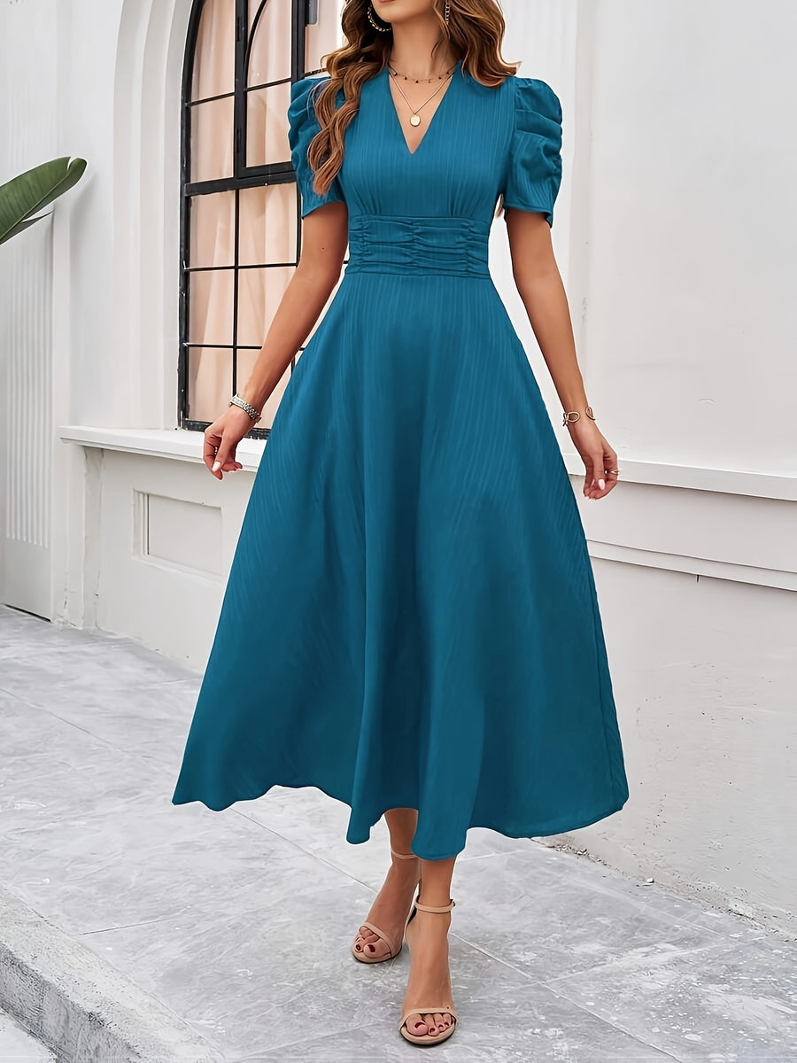 Solid V-Neck Elegant Dress - Peacock Blue