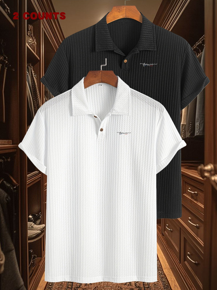 2pcs Set Summer Men'S Textured Jacquard Short Sleeve POLO Shirts | Casual Comfortable Soft Knit Lapel Collar, Geometric Pattern, Button Details - White+black